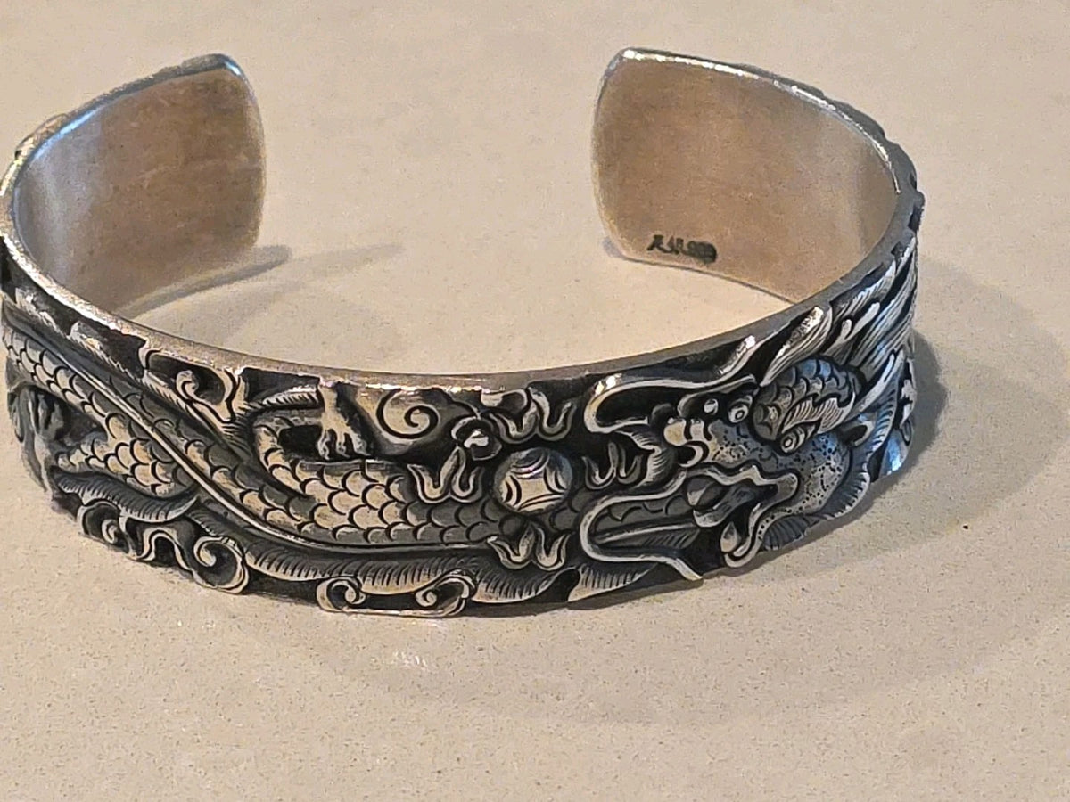 Solid S999 Fine Silver 999 Bracelet Men Women 1" W Dragon Open Bangle