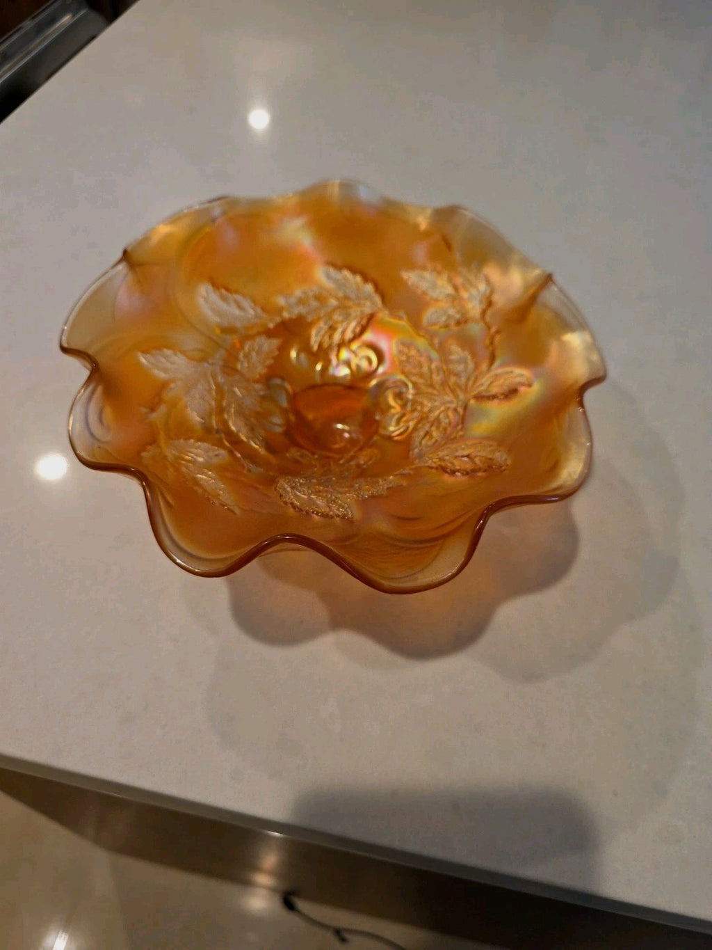 Dugan Amethyst Carnival Glass Cherries Three Footed Antique Bowl 1910s