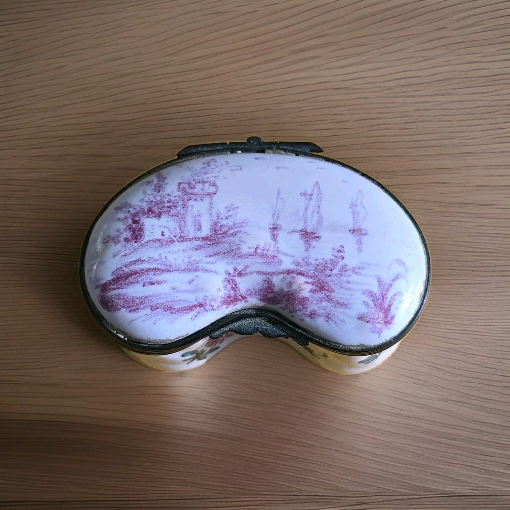 19th c Beautiful Faience Unusual  Kidney Shape Snuff Box Signed NB
