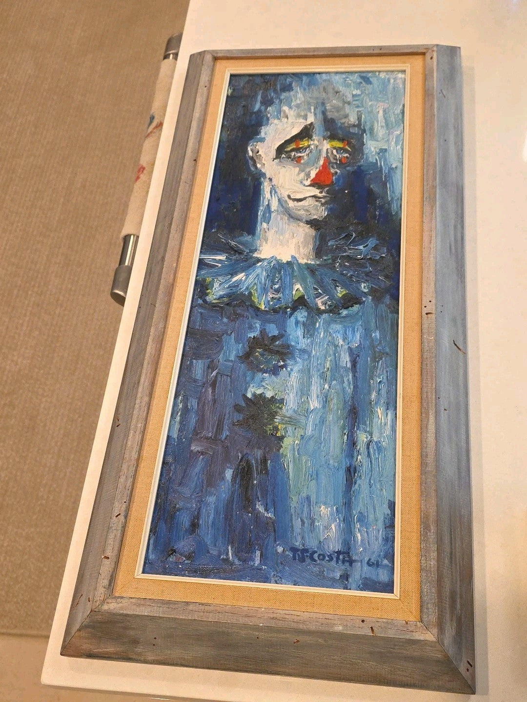 1961 T. S. COSTA Signed Circus Clown Oil Painting 13x28 Framed Artwork Art