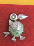 Vintage Mexican Handmade TUCAN Bird Jade Etched 925 Sterling Silver Brooch