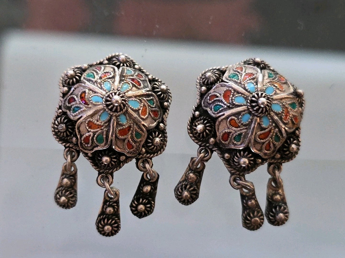 Antique Silver Highly Decorated  Granulation Enamel Bell Earrings  w Clapper