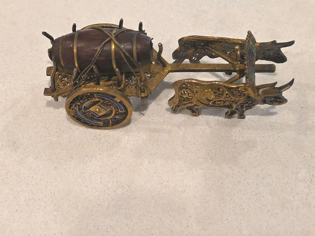 Antique Sterling & Enamel Filigree Miniature Tiny Ox Cart & Wood Barrow