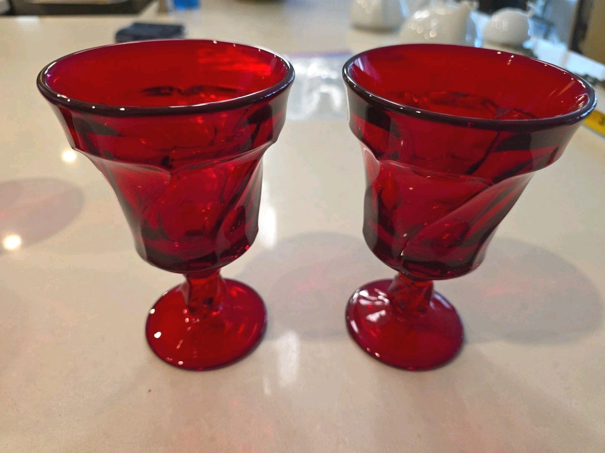 Vtg Fostoria Jamestown Ruby Red 5 7/8" Water Wine Goblet Glasses  Twisted Stem-2