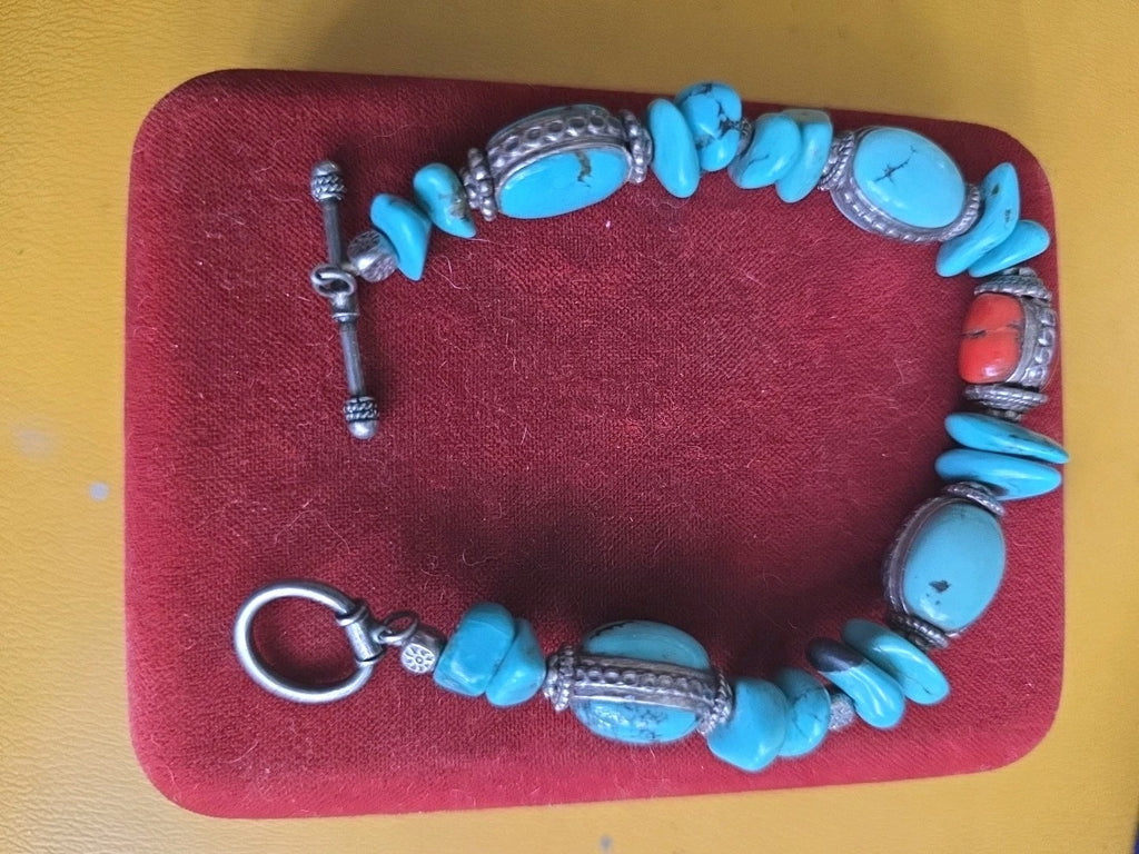 Southwestern Native American Turquoise, Red Coral & Bead Toggle 8" Bracelet