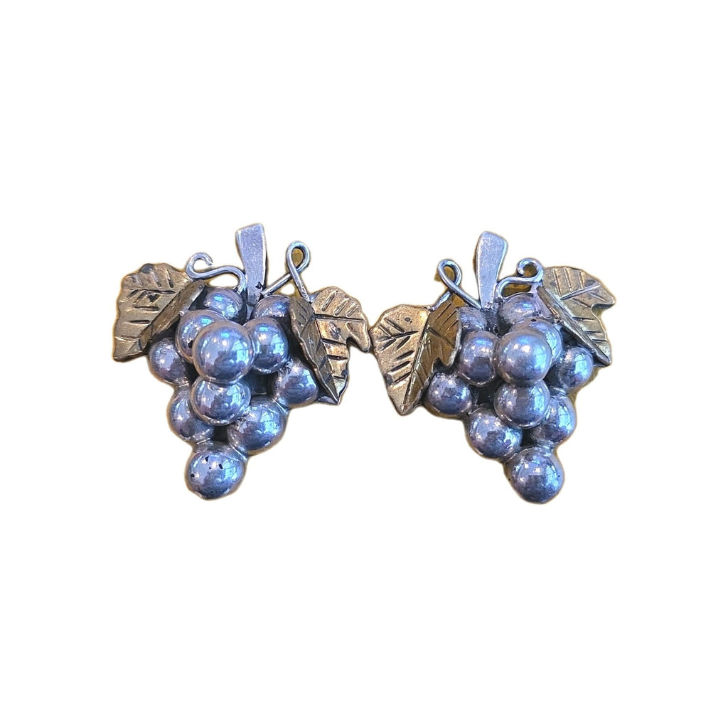 Vintage Taxco Signed Sterling Silver Mexico Clip On Grapes Earrings 1.5"