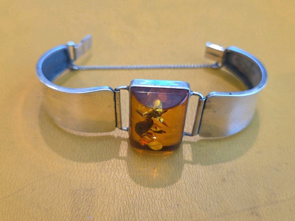 Signed LK 925 Silver Cognac Amber Cuff Bangle Bracelet