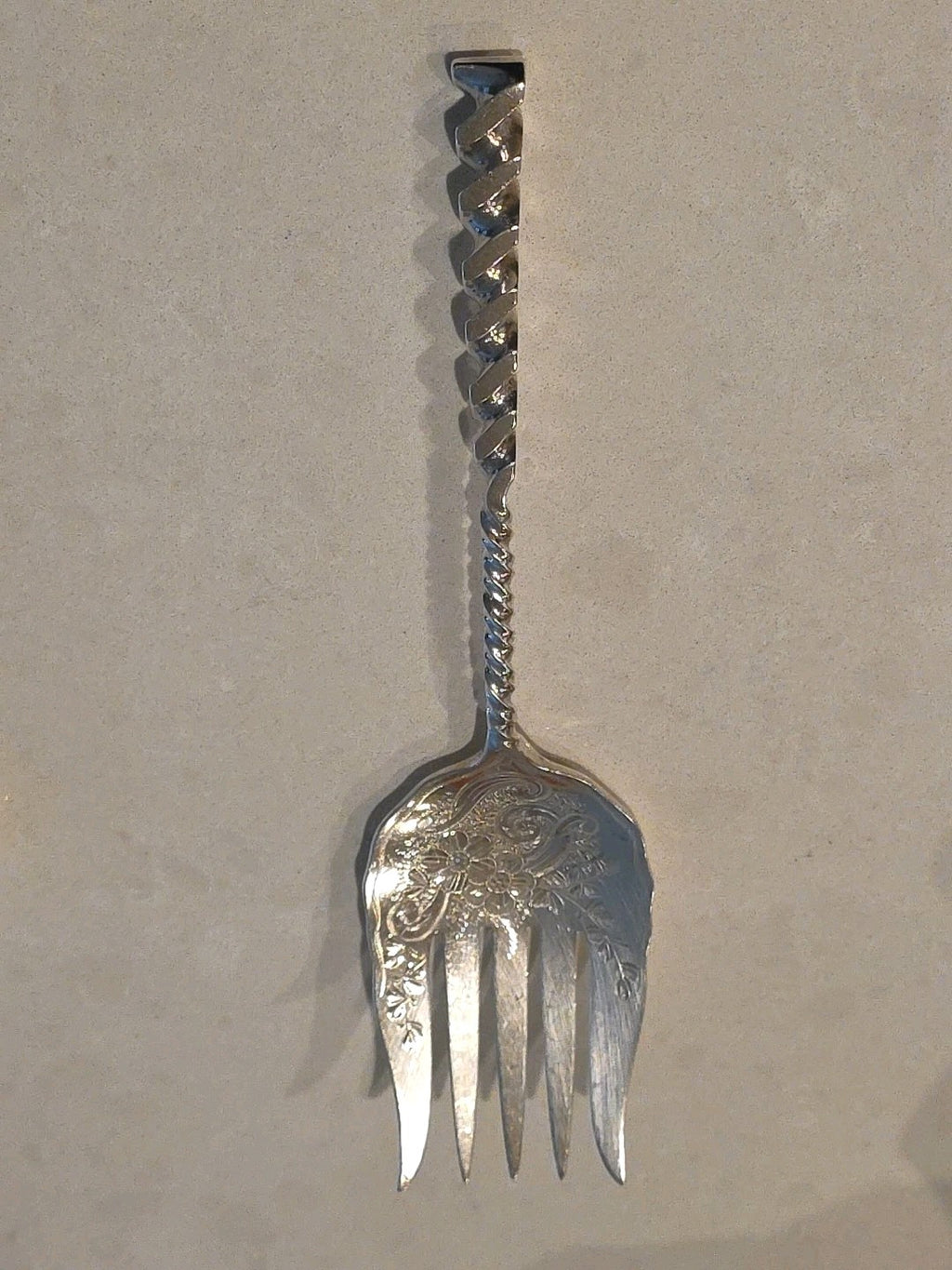 Square Twist #5 Whiting Sterling Silver Serving Sardine Fork Bright-Cut 8 1/2"