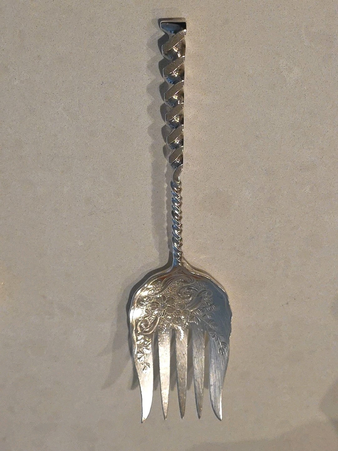 Square Twist #5 Whiting Sterling Silver Serving Sardine Fork Bright-Cut 8 1/2"