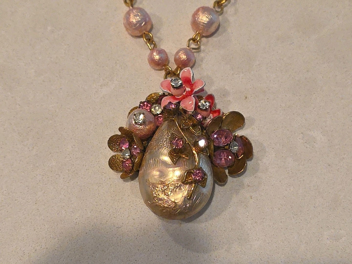 Rare Unmarked Mariam Haskell Pink & Pearl Ornate Classic Necklace & Earrings Set