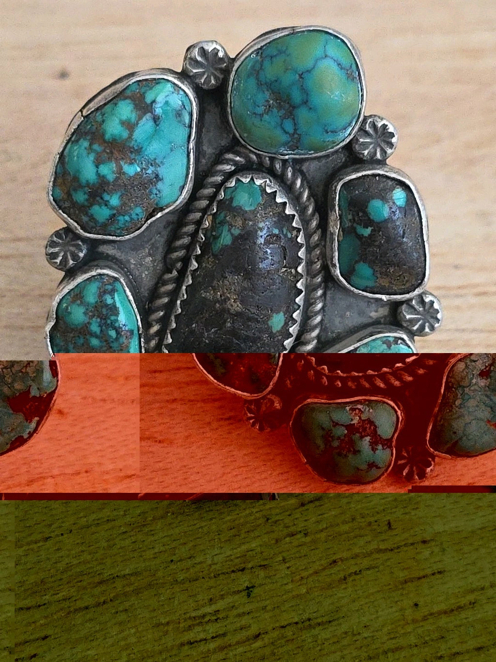 Huge Navajo Ring 925 Silver Natural Turquoise 7 Stone