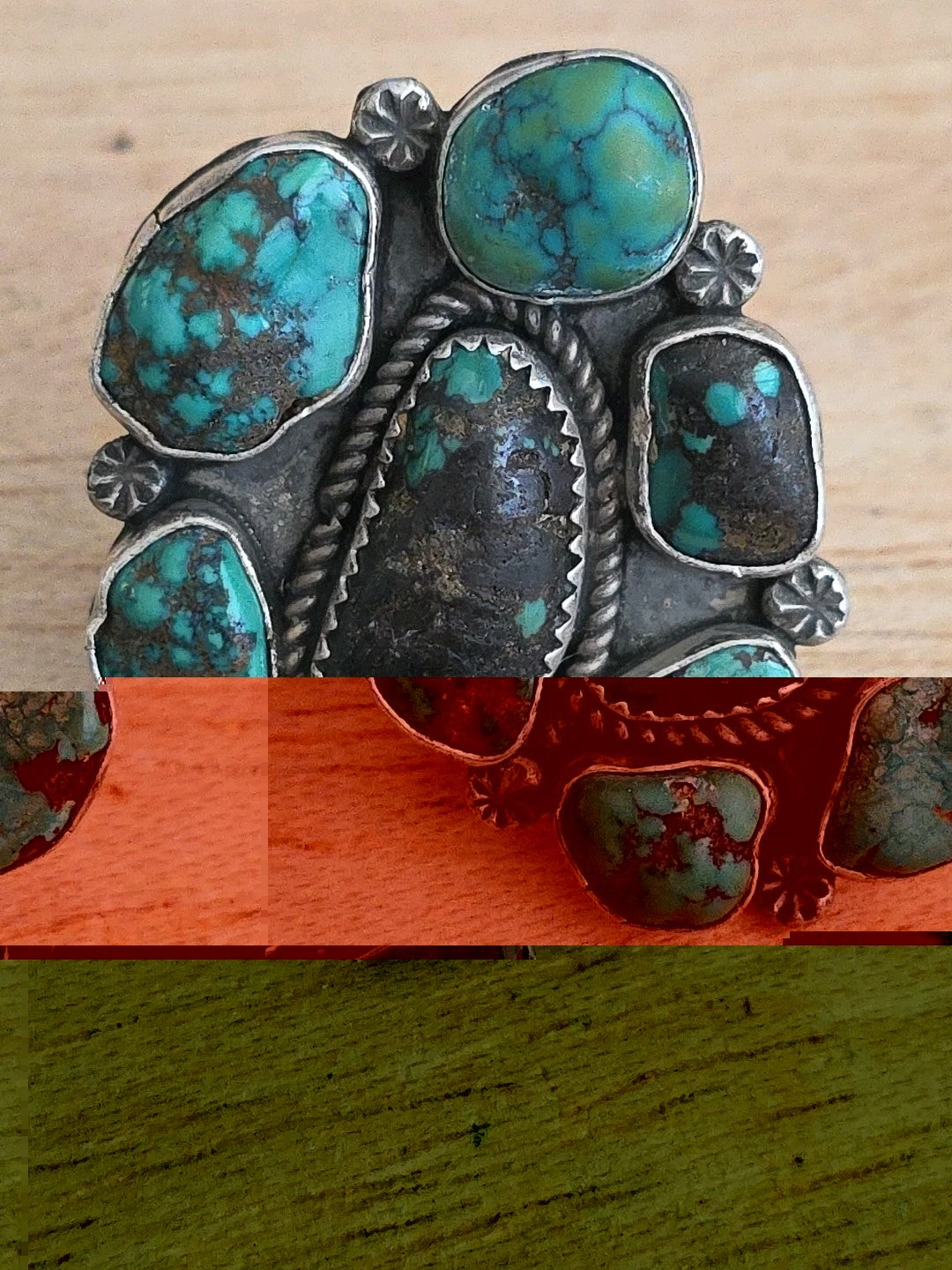 Huge Navajo Ring 925 Silver Natural Turquoise 7 Stone