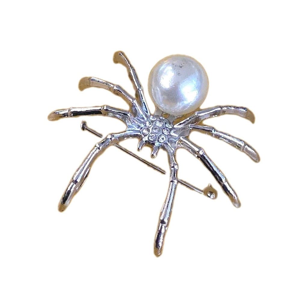 Spider Silver Tone Brooch Faux Pearl Rhinestones Fashion Jewelry Pin Halloween