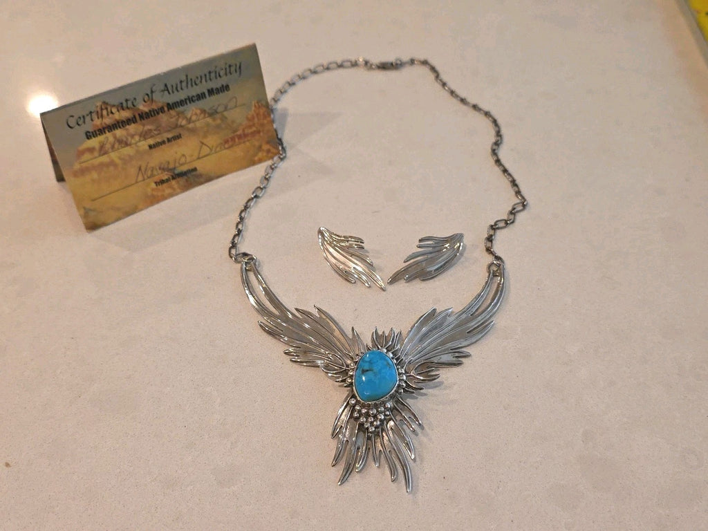 Charles Johnson Native American Turquois Sterling Phoenix Necklace & Earring Set