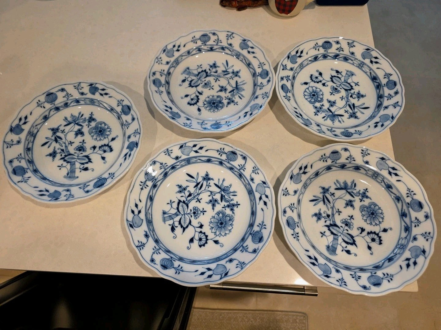 5 Antique Meissen Oval Backstamp Blue Onion Dinner Soup Plate