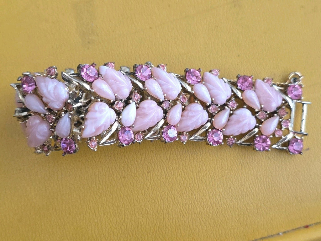 Vintage Rousseau Pink Resin Leaf Rhinestone Bracelet