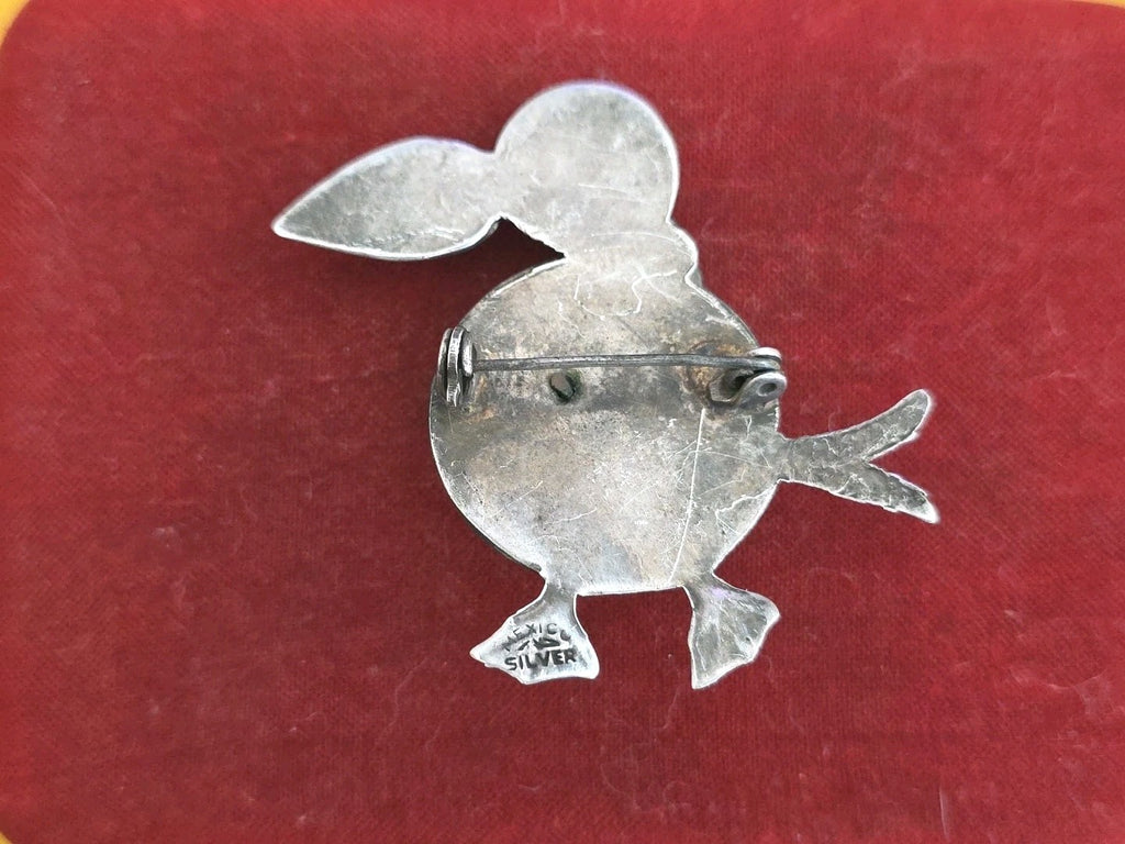 Vintage Mexican Handmade TUCAN Bird Jade Etched 925 Sterling Silver Brooch