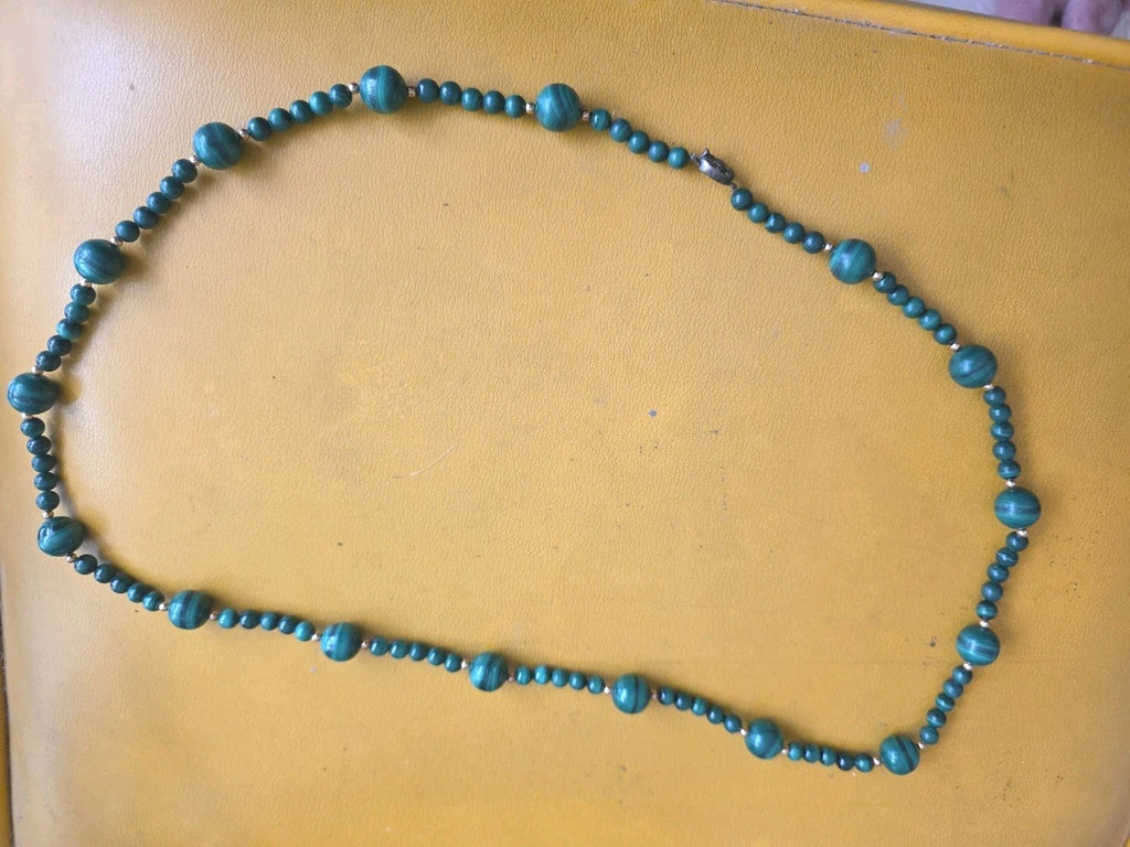 Vintage Genuine Malachite Long Strand Bead Necklace 30" Gold Beads