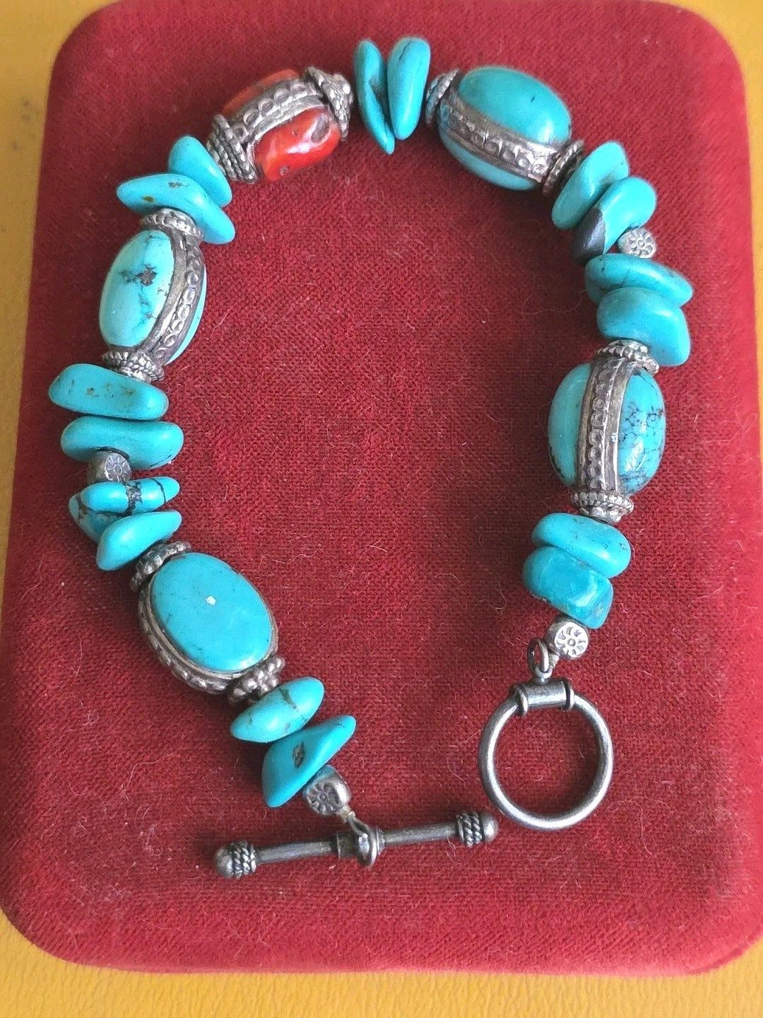 Southwestern Native American Turquoise, Red Coral & Bead Toggle 8" Bracelet