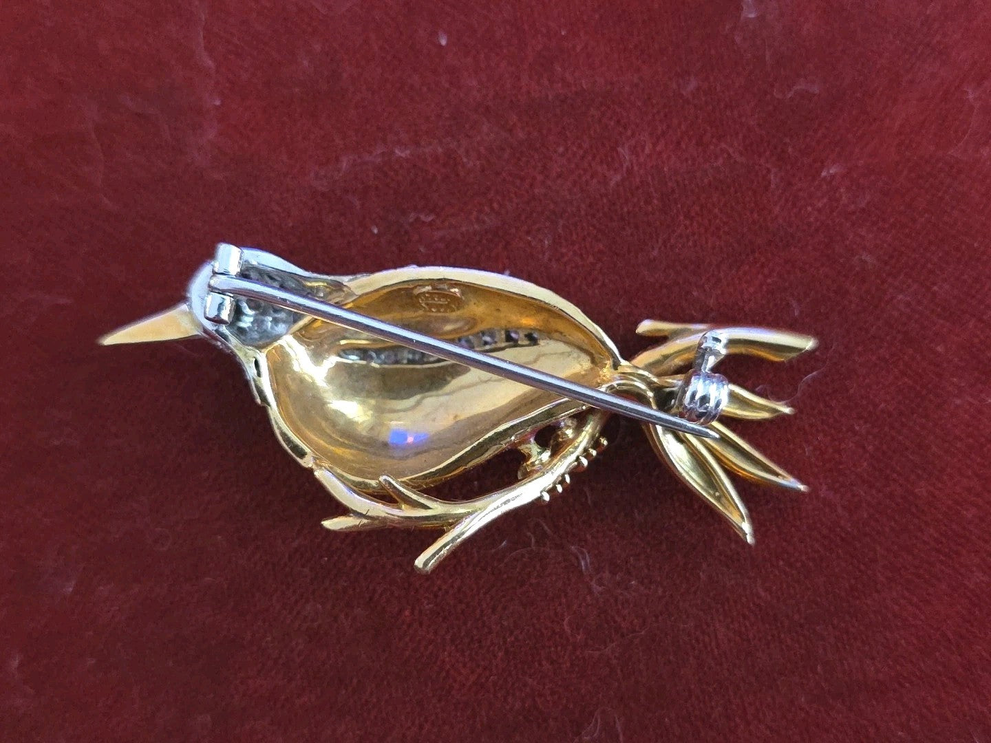 Retro Ruby Diamond Enamel 18k Yellow Gold Red Bird Brooch