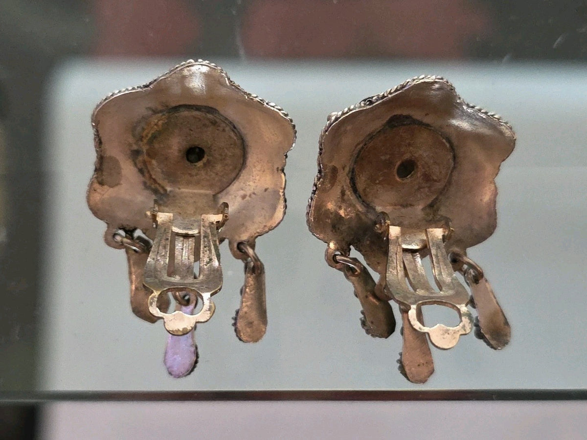 Antique Silver Highly Decorated  Granulation Enamel Bell Earrings  w Clapper
