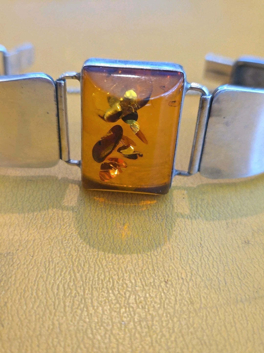 Signed LK 925 Silver Cognac Amber Cuff Bangle Bracelet