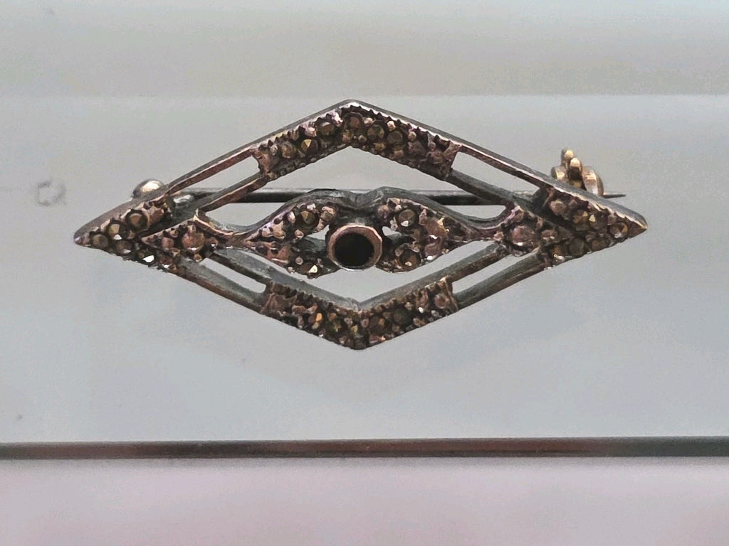 Sterling Silver Black Onyx Marcasite Pin Brooch Art Deco