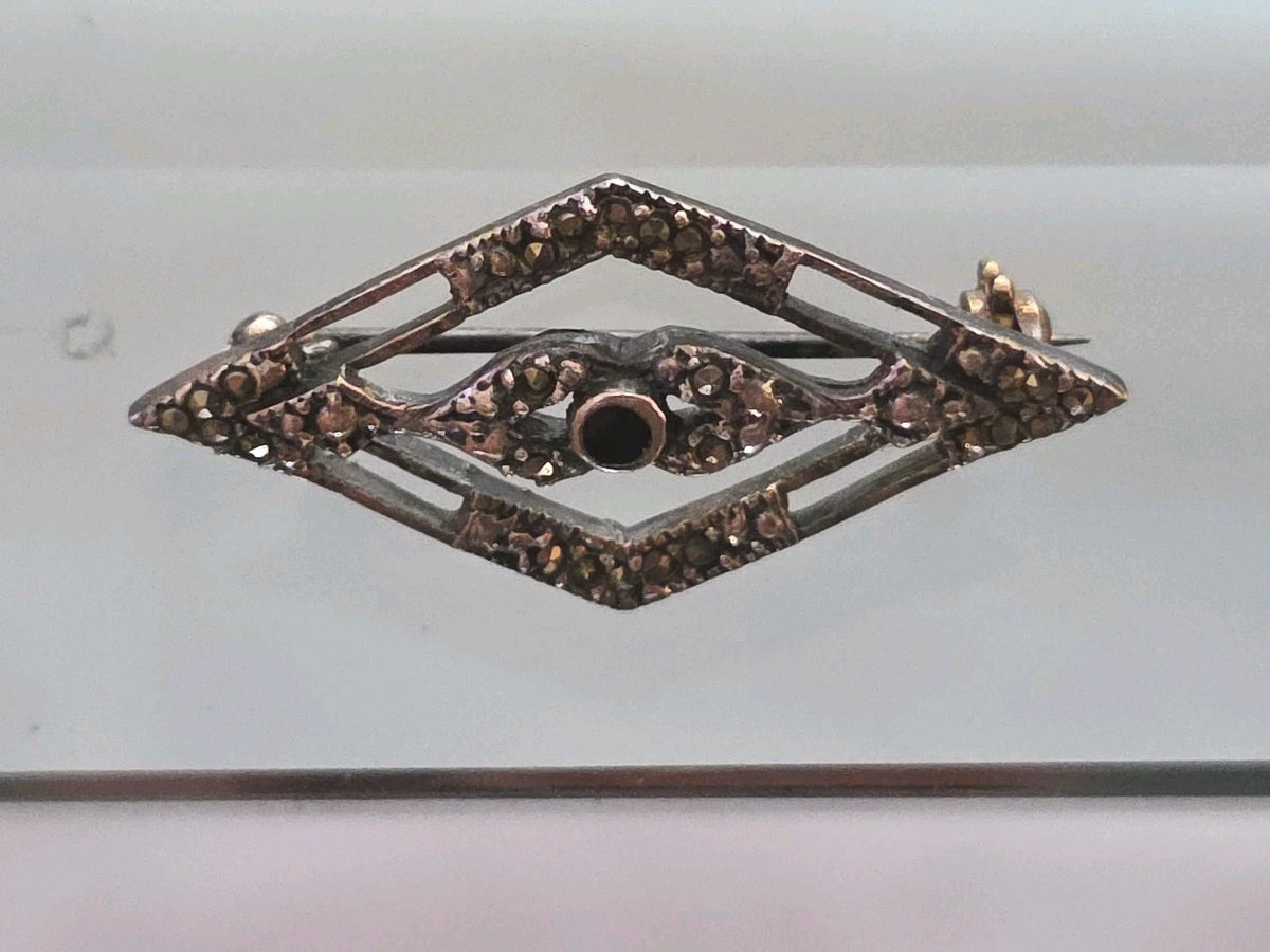 Sterling Silver Black Onyx Marcasite Pin Brooch Art Deco