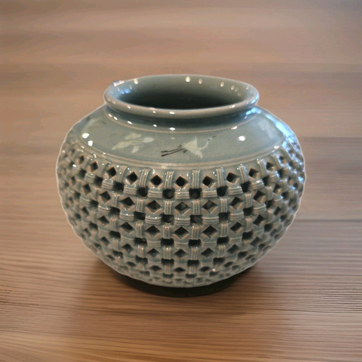 Midcentury Reticulated Korean Togetsu Celadon Vase With Flying Birds 6" Tall