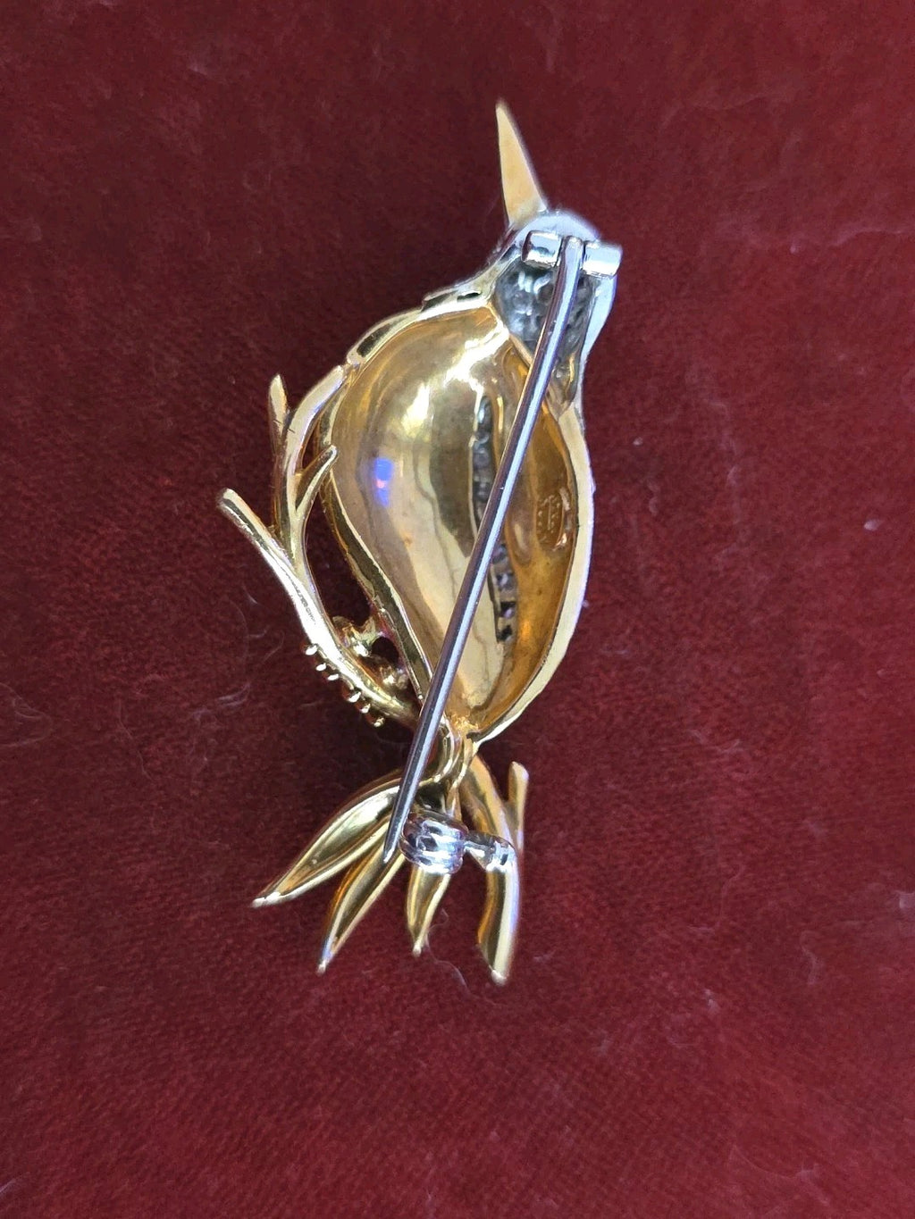 Retro Ruby Diamond Enamel 18k Yellow Gold Red Bird Brooch