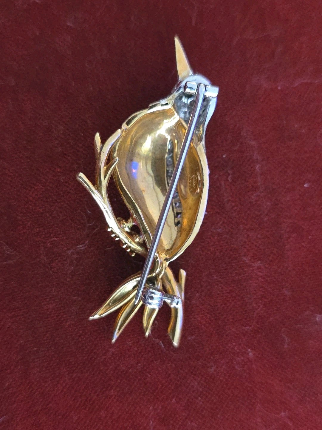Retro Ruby Diamond Enamel 18k Yellow Gold Red Bird Brooch