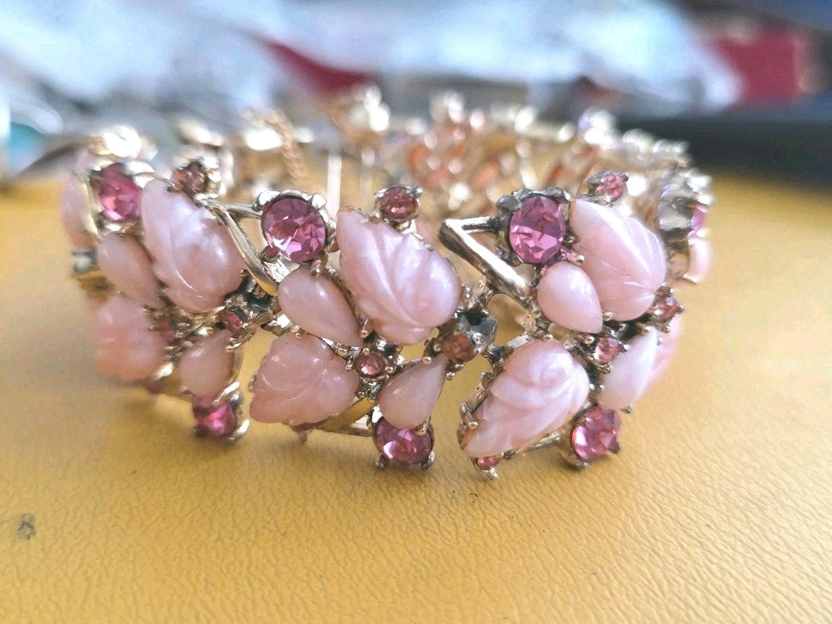 Vintage Rousseau Pink Resin Leaf Rhinestone Bracelet