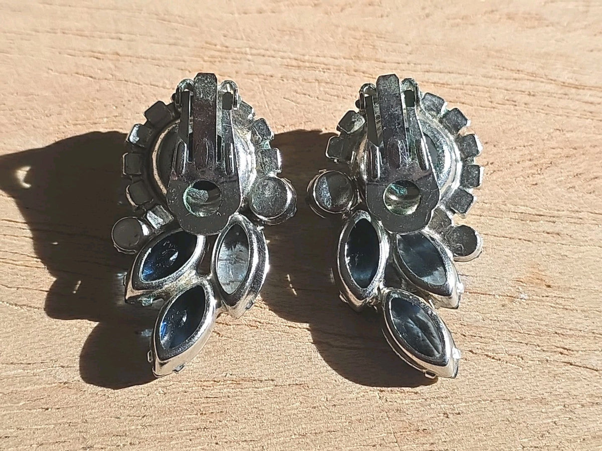 Blue Rhinestone Clip On Earrings Silver Tone Vintage