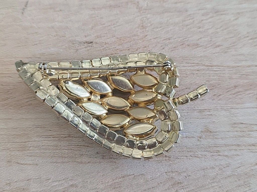 Vintage Clear, Aurora Borealis & Green Rhinestones Gold Tone Leaf Brooch Pin