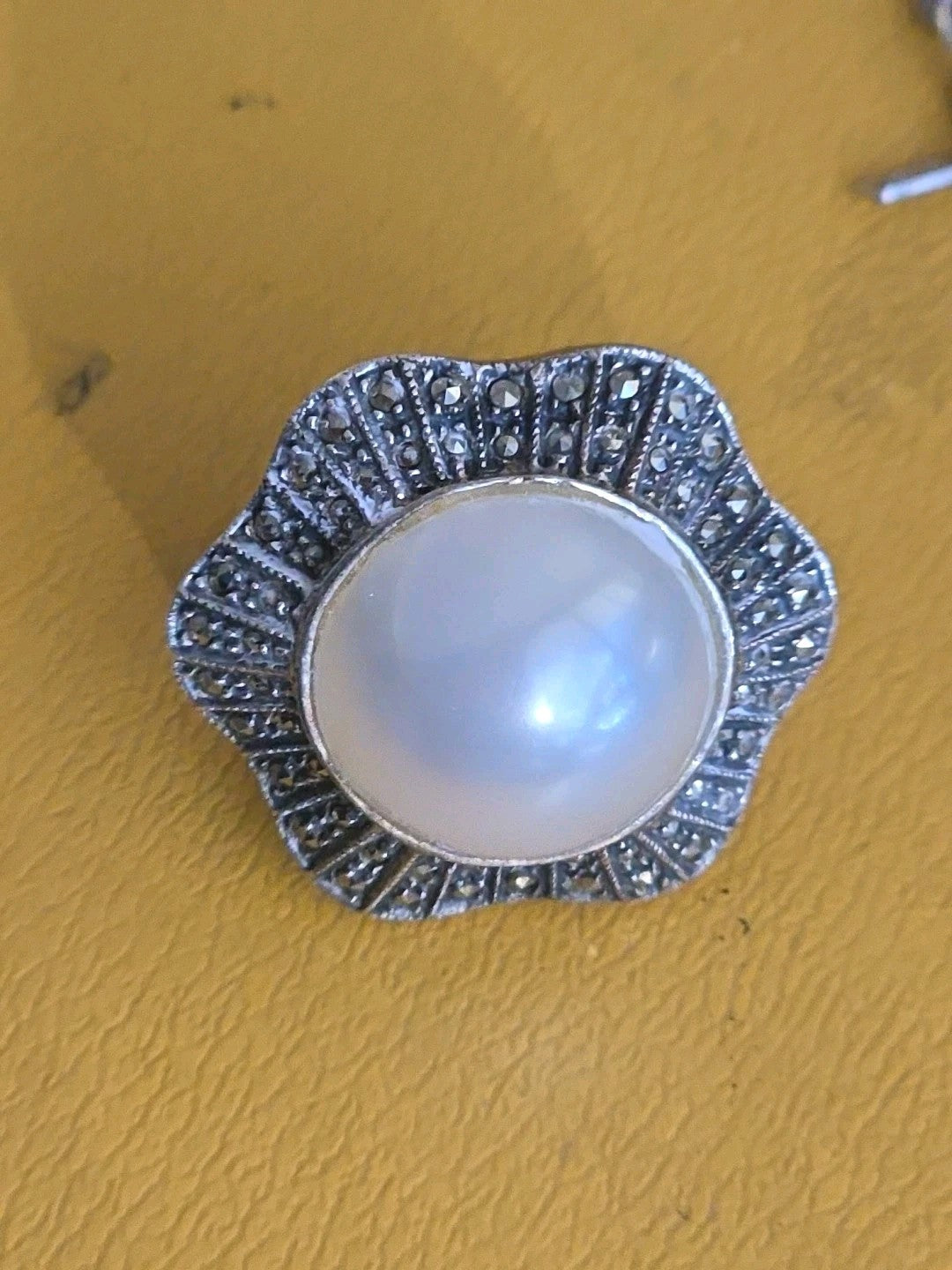 JUDITH JACK 925 Sterling Silver Vintage Faux Pearl & Marcasite Gem Ring Size 6.5