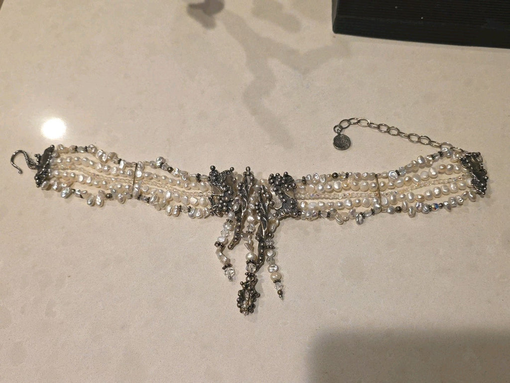 Vtg Sterling Mummy Necklace Choker MARY & DOUG HANCOCK Signed Freshwater Pearl