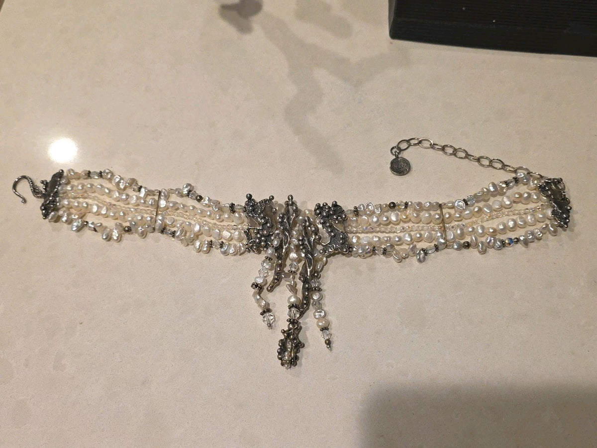 Vtg Sterling Mummy Necklace Choker MARY & DOUG HANCOCK Signed Freshwater Pearl