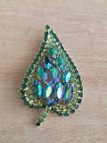 Vintage Clear, Aurora Borealis & Green Rhinestones Gold Tone Leaf Brooch Pin