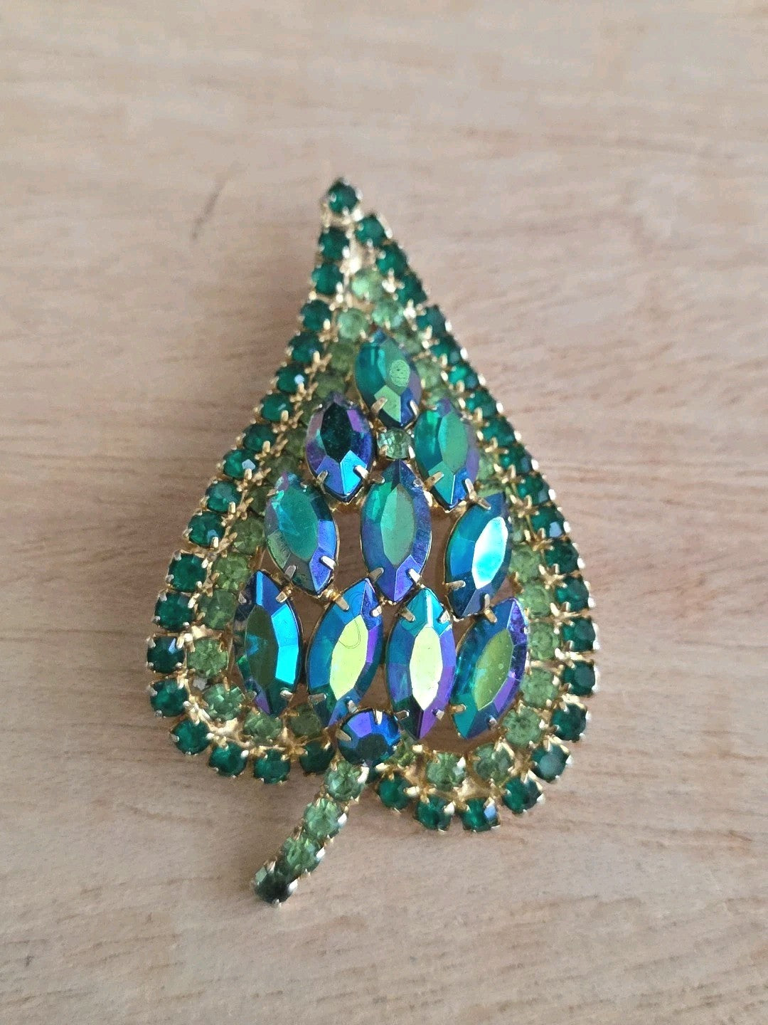 Vintage Clear, Aurora Borealis & Green Rhinestones Gold Tone Leaf Brooch Pin