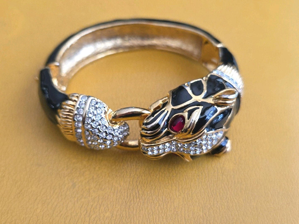 CINER STYLE BLACK ENAMEL CRYSTAL  RHINESTONE PANTHER DOOR KNOCKER CUFF BRACELET