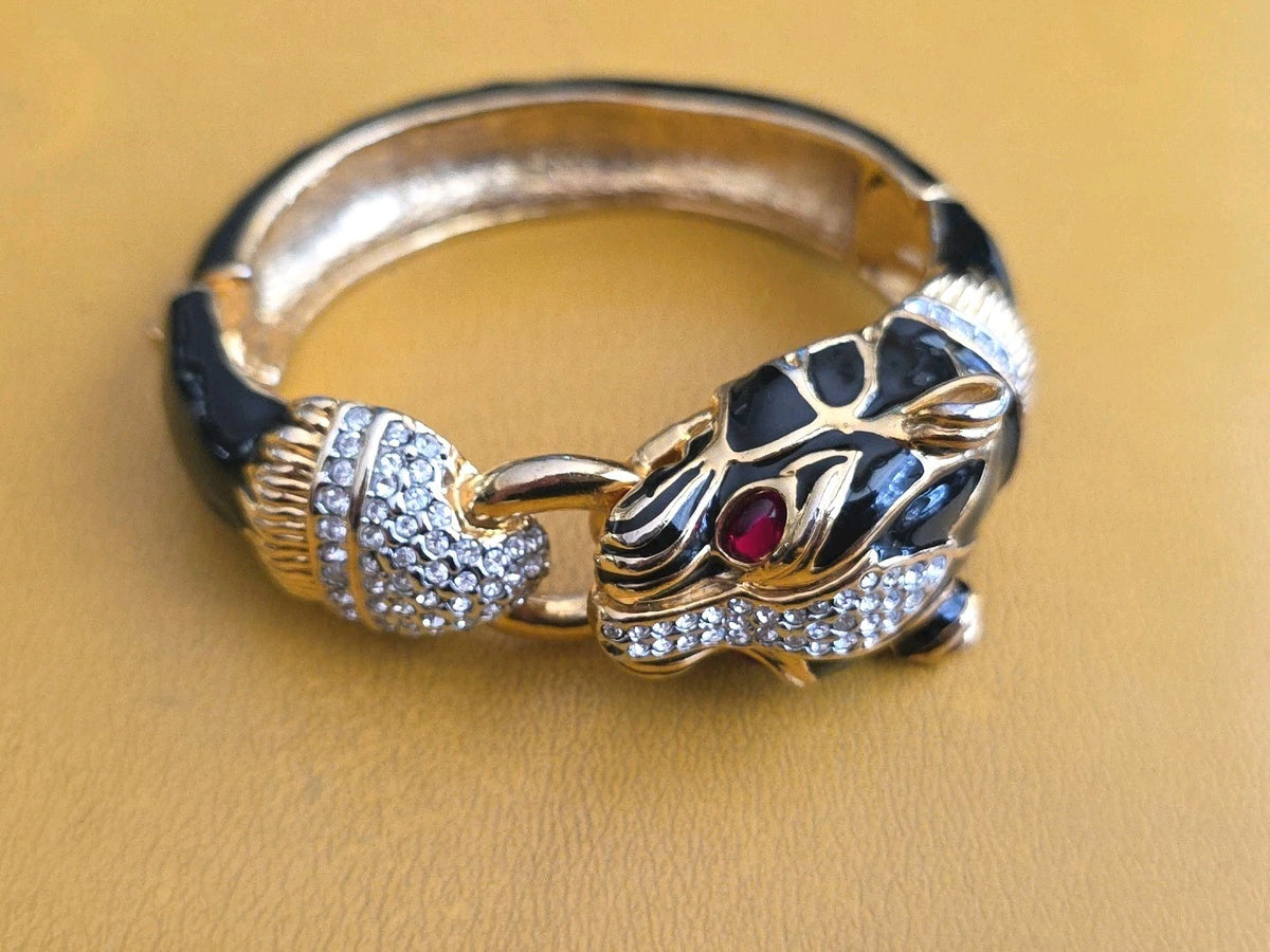CINER STYLE BLACK ENAMEL CRYSTAL  RHINESTONE PANTHER DOOR KNOCKER CUFF BRACELET