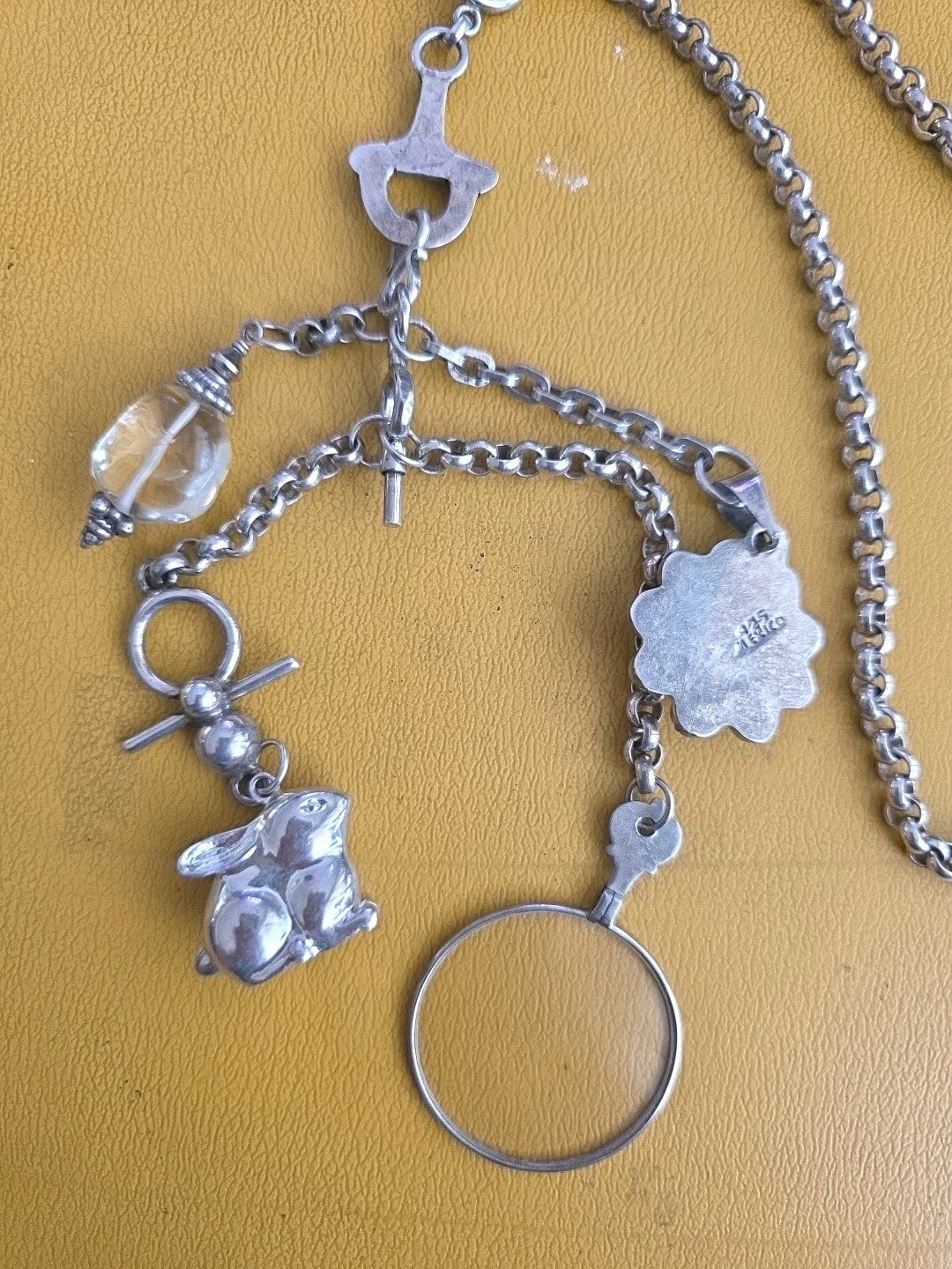Antique Fine Sterling Silver Albert Graded Links Chain With 4 Charms Necklace