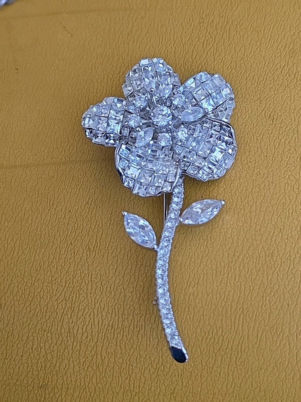 Vintage Flower Brooch Pin in Sterling with Rhinestones