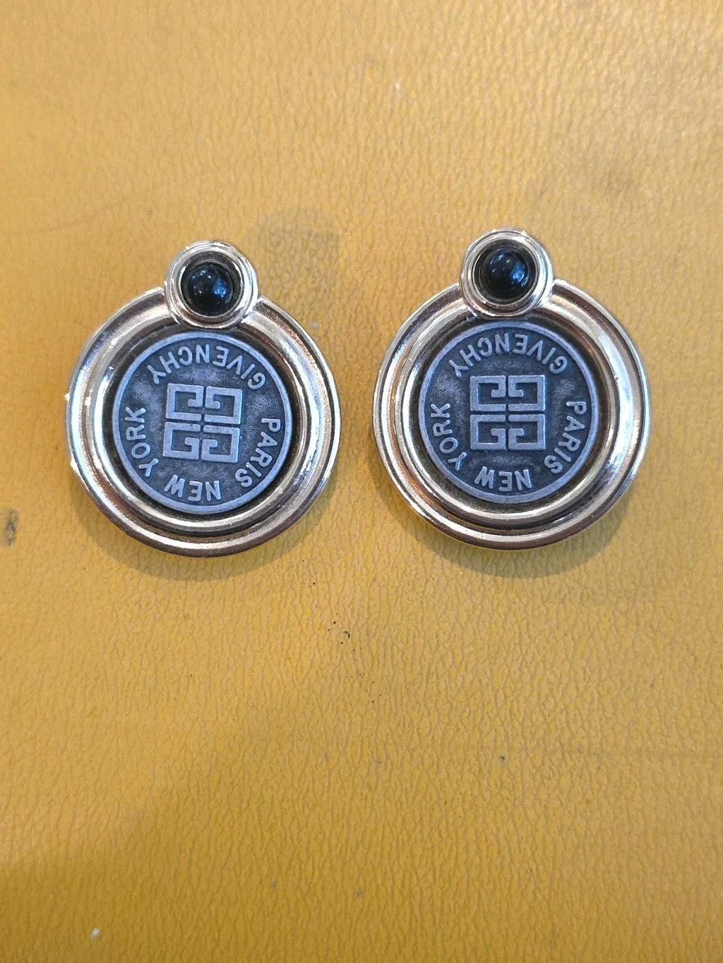 Givenchy Paris New York Logo Coin Blue Cabochon CLIP-ON Earrings Gold tone