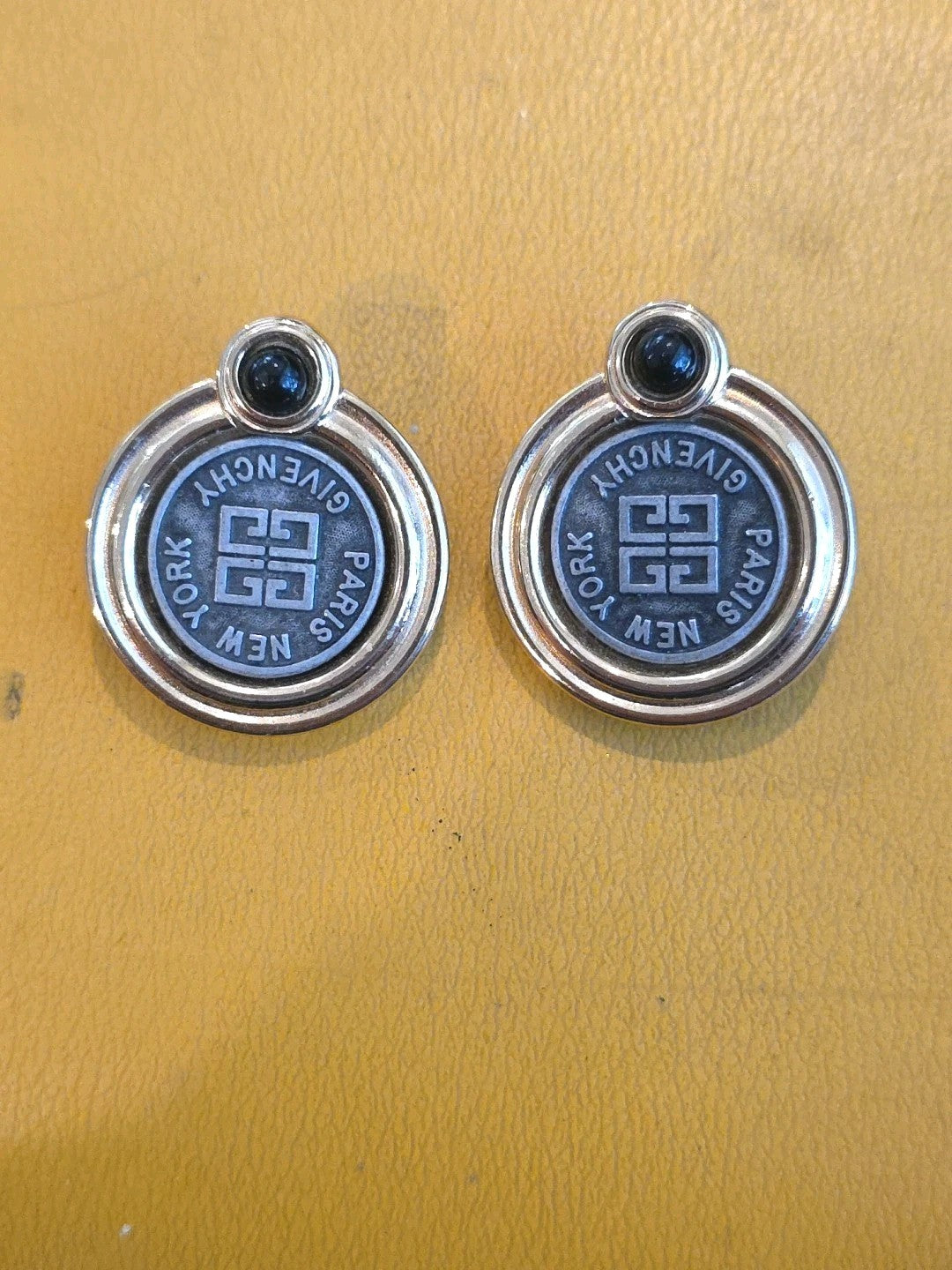 Givenchy Paris New York Logo Coin Blue Cabochon CLIP-ON Earrings Gold tone