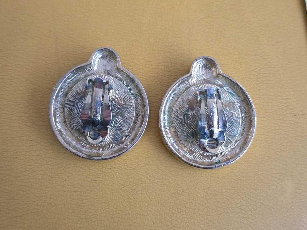 Givenchy Paris New York Logo Coin Blue Cabochon CLIP-ON Earrings Gold tone