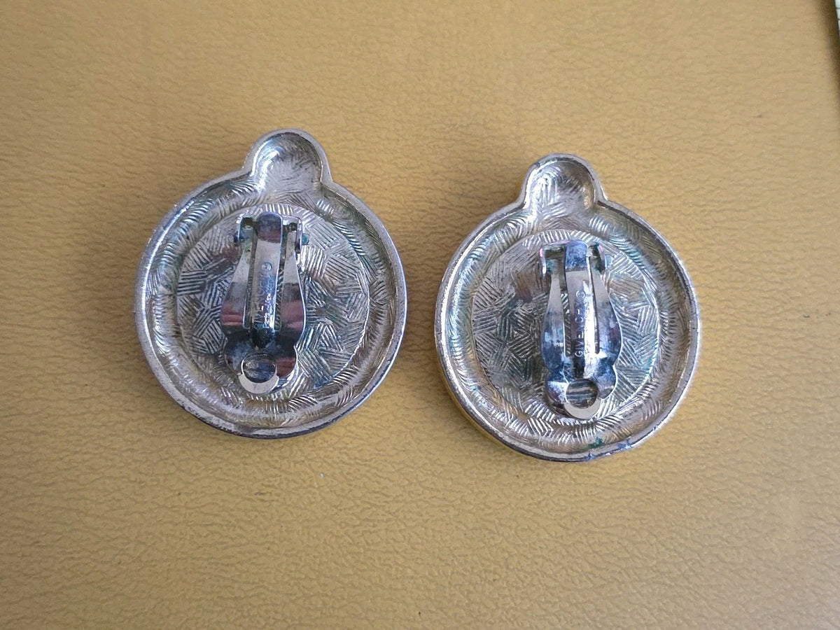 Givenchy Paris New York Logo Coin Blue Cabochon CLIP-ON Earrings Gold tone