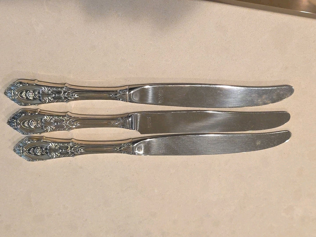 3 Wallace Sterling Silver Rose Point 9" Dinner Knives No Mono