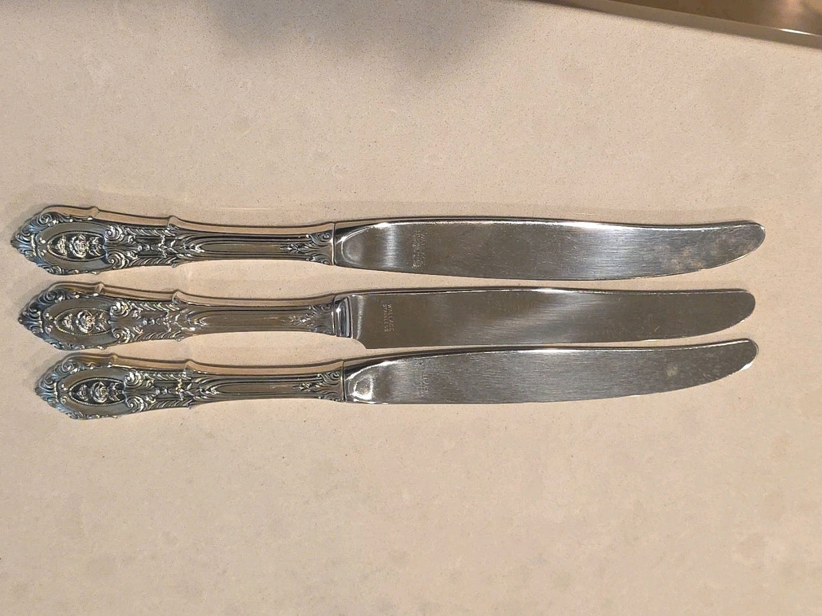 3 Wallace Sterling Silver Rose Point 9" Dinner Knives No Mono