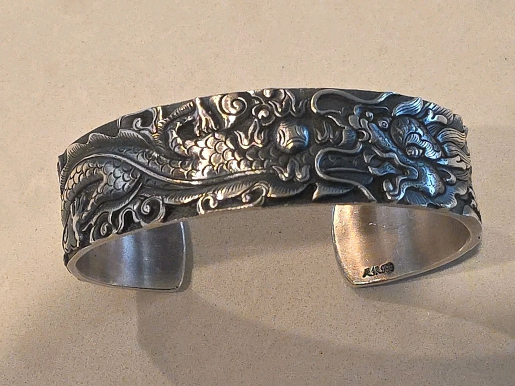 Solid S999 Fine Silver 999 Bracelet Men Women 1" W Dragon Open Bangle
